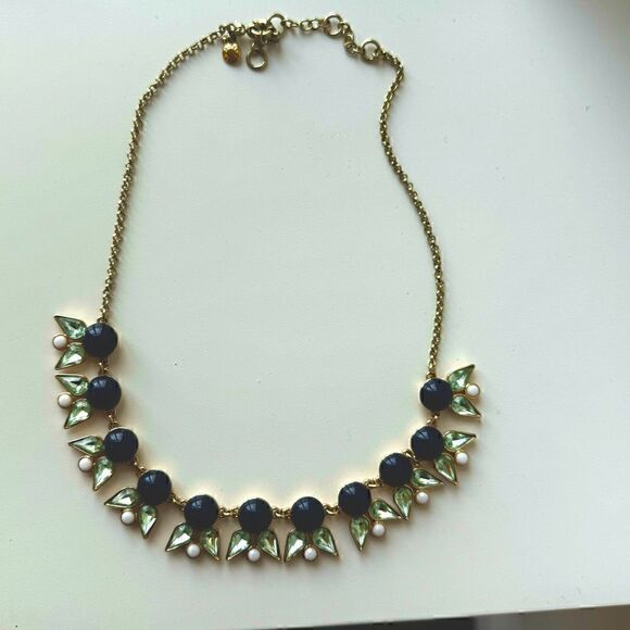 J. Crew Gold-Tone Link Chain Blue Crystal Stone Statement Navy - Picture 2 of 4